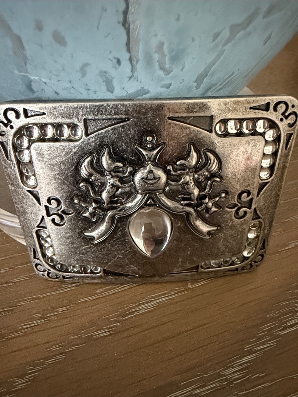 Dual Griffen’s Fleur De Lis Silver Buckle With Rhinestone